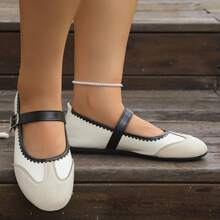 Women's Vintage Colorblock Fine Plaid Solid Color Round Toe Single Strap Flat Low-Cut Mary Jane Shoes, French Style Daily Commute Spring Autumn Beige Fabric - White - View 3