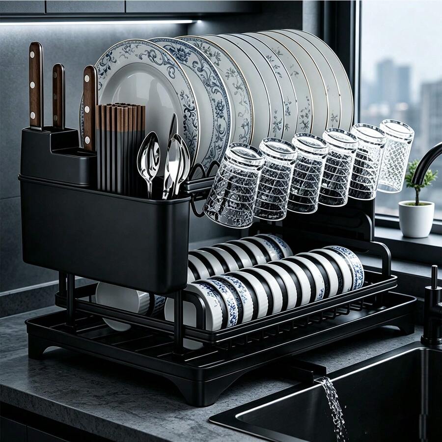 2層式瀝水盤餐盤晾乾架套組-大尺寸金屬餐盤架附瀝水盤、玻璃杯架、餐具架及額外排水系統,廚房高效晾乾與收納配件 - 彩色 - 查看 1