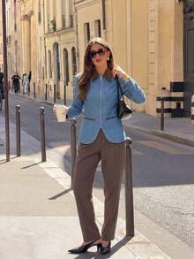 Fashionable Women's Light Blue Denim Jacket With Brown Collar, Full Zip Design, Pockets, Autumn Essential - Blue - View 7