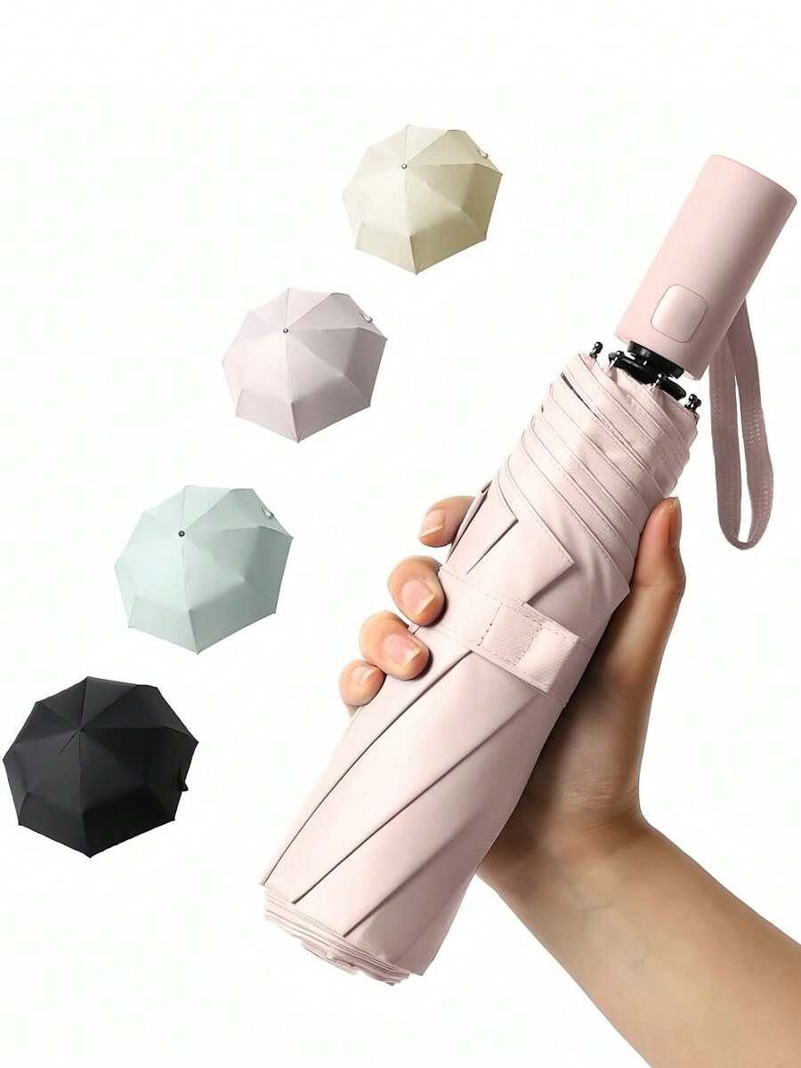 1pc Solid Color Portable Folding Umbrella, Fully Automatic One-Touch Open/Close, Minimalist Home & Travel Umbrella - Multicolor - View 1