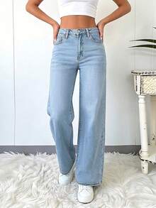 Women's Casual Light Blue Straight-Leg Jeans, Water-Washed Design With Versatile Tailoring, Comfortable And Stylish For Daily Wear - Light Wash - View 6