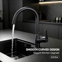 Keran Dapur Minimalis Modern Hitam & Emas/Hitam Murni dengan Satu Pegangan - Leher Lengkung Tinggi Elegan, Air Lunak Berudara, Pemasangan di Atas Meja dengan Garis Minimalis, Cocok untuk Wastafel Cuci/Bar/RV - Hitam - View 2