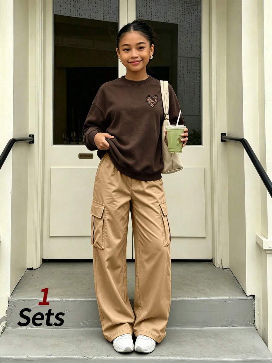 2pcs/Set Girls Casual Minimalist Style Outfit, Leopard Print Heart Pattern Crew Neck Sweatshirt + Cargo Pants, Soft Fabric Casual Streetwear - Multicolor - View 1