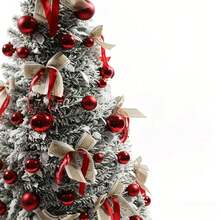 6FT/7FT Foldable Pop-Up Christmas Tree, Flocked Green Xmas Tree With Red Ornaments & Ribbon Bows, Quick Assembly Collapsible Holiday Tree With Stand For Living Room, Office, Store, Christmas Party & Winter Decor - Multicolor - View 9