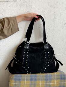 Tote Bag, Exquisite Rivet Decor, Large Capacity Design With Zipper Closure, Vintage Casual Style Shoulder Bag, Versatile For Daily Commute, Shopping, Dating, Travel, Niche Aesthetic Accessory Women's Bag - Black - View 3