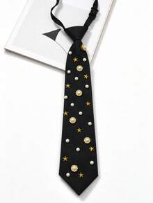 1pc Women's Zipper Style Pearl & Star Embellished Fashion Casual Outfit With Tie - Black - View 9