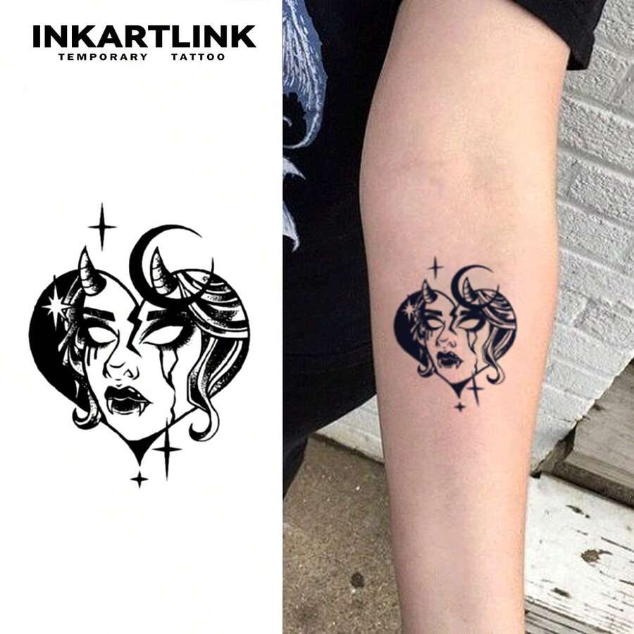 INKARTLINK 1PC Stiker Tato Malaikat Iblis Ganda Hitam & Putih, Stiker Tato Seni Tubuh Tahan Air Sementara, Bertahan 2-5 Hari, Stiker Tato Warna Transfer Air, Cocok Untuk Pria & Wanita, Wajib Dimiliki, Dekorasi Penting Untuk Pesta, Dekorasi Tubuh Perayaan Liburan