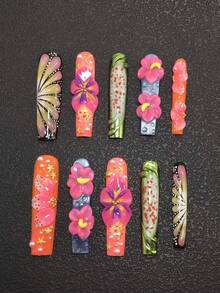 10 pcs Kuku Palsu Tempel Buatan Tangan, Bentuk Kotak Ekstra Panjang 5,5 cm, Manikur Musim Gugur/Dingin, Bubuk Cermin Hijau Multicolor, Desain Bunga Ukir 3D, Dekorasi Bintang Laut & Kerang Emas, Gaya Modis Serbaguna, Cocok untuk Halloween, Tahun Baru, Hari Valentine, Pesta, Dansa, Pemakaian Harian, Tersedia 3 Ukuran - MultiWarna - View 2