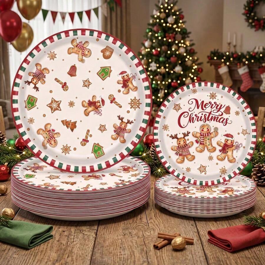 10/20/50 Pcs Piring Kertas Sekali Pakai Natal Vintage Motif Gingerbread Man Ukuran 7 Inci & 9 Inci, Desain Merry Christmas Snowflake Candy Cane Xmas, Peralatan Makan Meja Meriah untuk Makan Malam Libur Natal dan Dekorasi Meja Pertemuan Musim Dingin - Warna-warni 2 - View 1