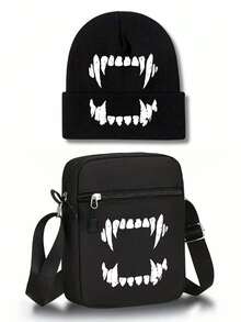 1pc/2pcs Halloween Vampire Teeth Print Knit Beanie Hat & Crossbody Bag Set, Unisex Printed Fall Winter Streetwear Accessories For Men Women - Multicolor - View 17