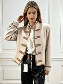 Casual Elegant Commuter Women's Button Long Sleeve Contrast Color Tape Patchwork Woven Twill Fabric Jacket With Pockets And Lining, Suitable For Airport, Daily Office, Campus, Holiday And Multiple Occasions, Versatile - Apricot - View 3
