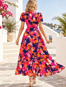 Women's Casual Bohemian Floral V-Neck Short Sleeve Ruffle Hem Slit Beach Maxi Dress - Multicolor - View 5