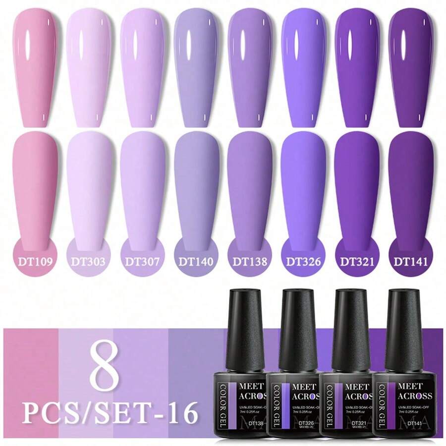 Set de 8 piezas de esmalte de uñas en gel azul, semi-permanente, de remojo, híbrido de/LED, barnices, base, top coat, kit de arte de uñas, manicura de salón, diseño y decoración de uñas en gel para hacer en casa - Púrpura malva - Ver 1