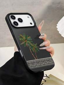 1pc 2D Printed Palm Tree Pattern Phone Case, Saudi Arabian Style Popular Creative Premium Design, Waterproof Durable Dustproof Fashion Minimalist With Camera Protection Black Matte Feel Full Coverage Protective Phone Case, Suitable As Easter, Christmas, Halloween, Birthday Gift For Girlfriend, Boyfriend, Friends Or Self-Use, Compatible With 18 Pro/18 ProMax, Compatible With Galaxy Series Models - Black - View 4