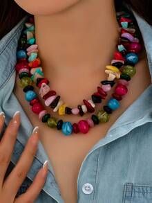 OABE 2pcs/Set Bohemian Style Dopamine Colorful Asymmetrical Shaped Beaded Necklace Layered Design Suitable For Women Daily Wear, Bead Color And Shape Random - Colorful - View 7