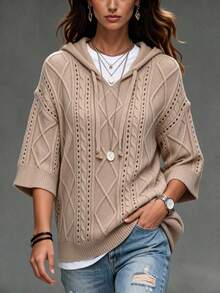 ASHKATIA Women's Plus Size Hooded Knit Sweater, Ribbed Rope Detail, Earth Tone Vintage Style, Suitable For Layering In Autumn/Winter - Apricot - View 1