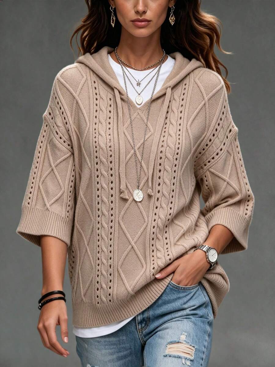 ASHKATIA Women's Plus Size Hooded Knit Sweater, Ribbed Rope Detail, Earth Tone Vintage Style, Suitable For Layering In Autumn/Winter - Apricot - View 1