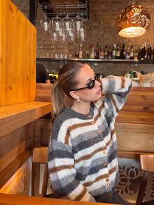 Women's Colorblock Striped Cardigan, Round Neck Button Sweater Top, Suitable For Halloween, Thanksgiving And Christmas Outfits - Grey - View 7