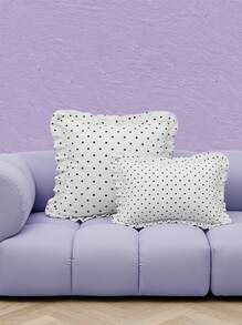 Joivida 1pc White Pillowcase/Cushion Cover With Black Polka Dot Print And Ruffle Trim. Made Of Soft, Breathable 100% Polyester. No Insert Included. Machine Washable, All-Season Use, Ideal For Sofa, Bedroom, Dorm, Bedding, And Gifting. - Multicolor - View 1