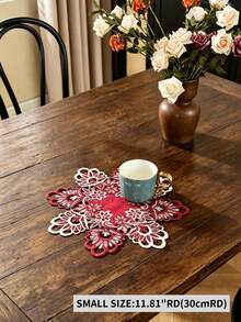 1PC Polyester Festive Burgundy Fall And Winter Velvet Center Lace Cutwork Placemat Round Floral Embroidered Table Mat For Holiday Party Dinner Decoration - Red - View 6