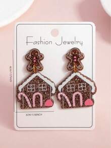 1 Pair Of Christmas Pendant Earrings, Fun And Cute Playful Design Party Earrings, New Year Earrings - Gingerbread House - View 4