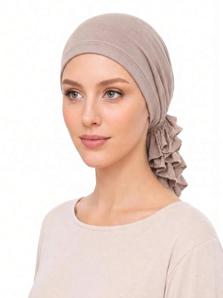 1pc Women's Solid Color Elastic Headscarf Inner Layer, Soft Modal Knit Headwrap Hat, Back Ruffle Elastic Hairband, Non-Slip Lining Scarf, For Daily Wear - Multicolor - View 1