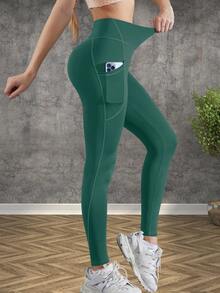 1PC Sports Yoga Leggings With 9-Inch Pocket Patchwork Design, Suitable For Fitness, Workout, Outdoor Walking - Green - View 4