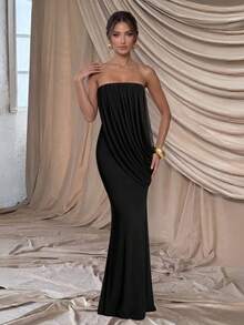Elegant French Romantic Wedding Evening Party Strapless Ruched Dress - Black - View 2