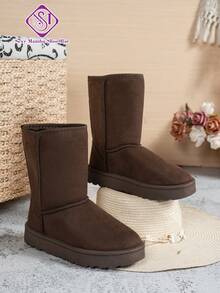Women's Plus Size Snow Boots, Autumn/Winter New Solid Color Round Toe Thick Sole Warm Lining Slip-On Flat Mid-Calf Boots - Brown - View 5