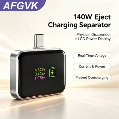Smart Power-Off Protection Charger Adapter With LCD Display For Real-Time Charging Monitoring, Instant Voltage, Current, And Power Detection For Type-C Devices, Overcharge Protection With Automatic Power-Off To Protect Device Battery