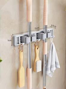 1pc Multifunctional Wall-Mounted Broom & Mop Holder, Silver Gray Rust-Proof Self-Adhesive Tool Organizer With Hooks, Suitable For Laundry Room, Garage, Kitchen, Christmas & Thanksgiving Home Cleaning Gift - Multicolor - View 12