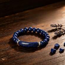 Long Curved Tube Lapis Lazuli Silver Spacer Natural Stone Elastic Cord Bracelet Vintage Daily Versatile Crystal Bangle Business Unisex Gift Accessory - Multicolor - View 3