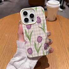 1 buah Casing Ponsel Minimalis Matte Putih dengan Pelindung Lensa dan Motif Kotak-kotak Ungu Tulip, Dapat Dipersonalisasi, Kompatibel dengan iPhone 16 Pro Max/18/17/16/15/14 Plus/13/12/11/Air, Kompatibel dengan Seri - MultiWarna - View 4