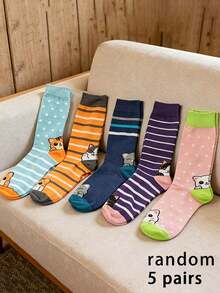 5 đôi tất trung bắp chân unisex ngẫu nhiên nhiều màu sọc chấm bi in mèo hoạt hình phong cách dễ thương, mềm mại thoáng khí, phù hợp mặc hàng ngày, ở nhà, phối đồ học sinh, mọi mùa - Nhiều màu - Xem 2