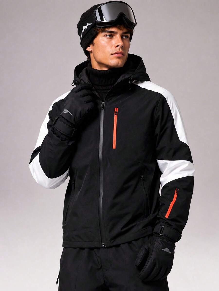 CZRLHYT Men's Hooded Zip-Up Jacket, Two-Tone Color Block Design, Zipper Pocket On Chest, Streetwear Outdoor Sports Jacket - Black and White - View 1