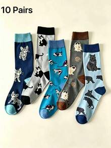 Men's Light Blue Cat Pattern Cotton Breathable Business Casual Versatile High Tube Socks - Multicolor - View 3