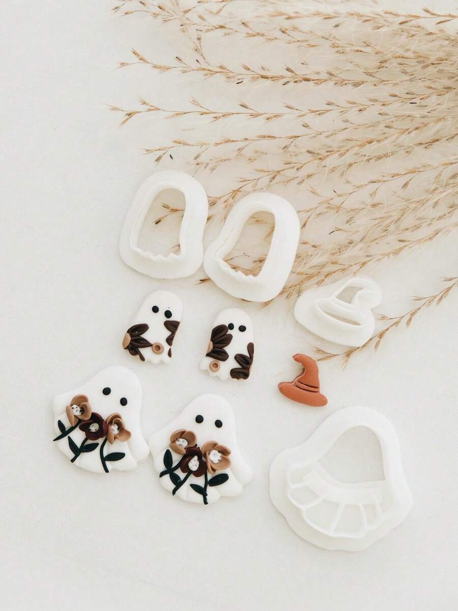 Floral Ghost Polymer Clay Cutters, Spooky Witch Hat Shape, Halloween Theme, DIY Handmade Earring Charm Pendant Jewelry Craft Tools - White - View 1