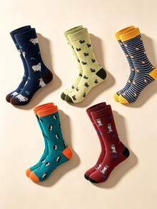 3/5 Pairs Multi-Color Cute Animal Pattern Mid-Calf Socks, Set, Vintage Artistic Style Slouch Socks, Unisex Versatile Socks, Holiday Gift Idea, Autumn Socks - Multicolor - View 6