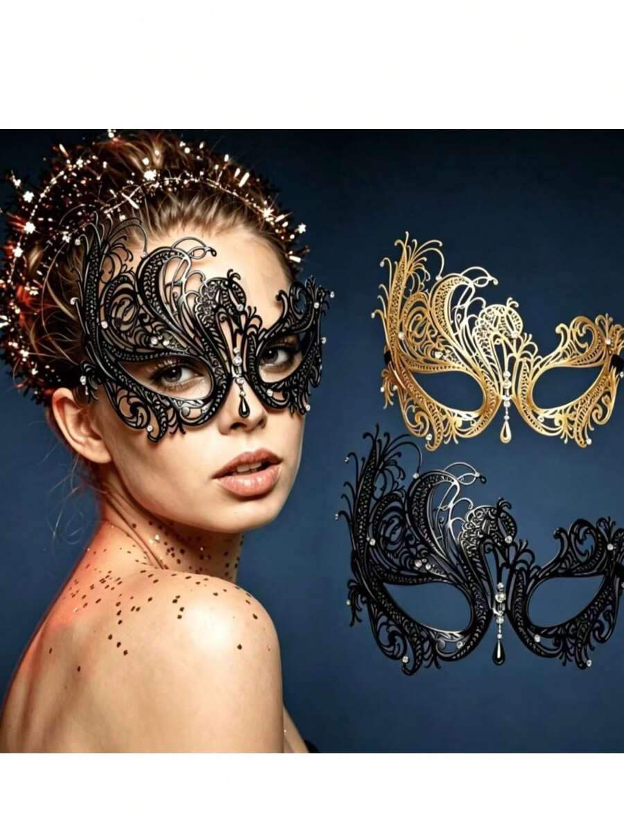 1pc Swan Masquerade Mask, Hollow Metal Venetian Half Face Mask For Women, Black And Gold, Suitable For Halloween, Carnival And Parties - Multicolor - View 1