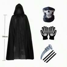 Trang phục áo choàng Tử thần và Ma cà rồng phong cách Gothic, kèm mũ trùm đầu và mặt nạ, phù hợp cho tiệc Halloween và hóa trang nhập vai - màu đen - Xem 5