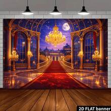 2d Plane Moonlit Castle Main Staircase Theme Background Cloth, European Palace With Golden Chandelier And Main Staircase, Suitable For Indoor And Outdoor Scenes, Suitable For Room Decoration Banner Background. - 1 - View 7