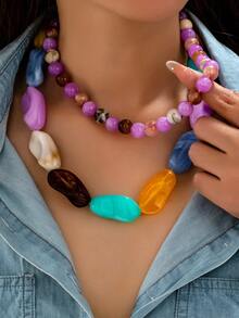 OABE 2pcs/Set Bohemian Style Handmade Mixed Color Asymmetric Beaded Necklace With Round Beads, Suitable For Women's Daily Wear, Random Bead Colors - Multicolor - View 3
