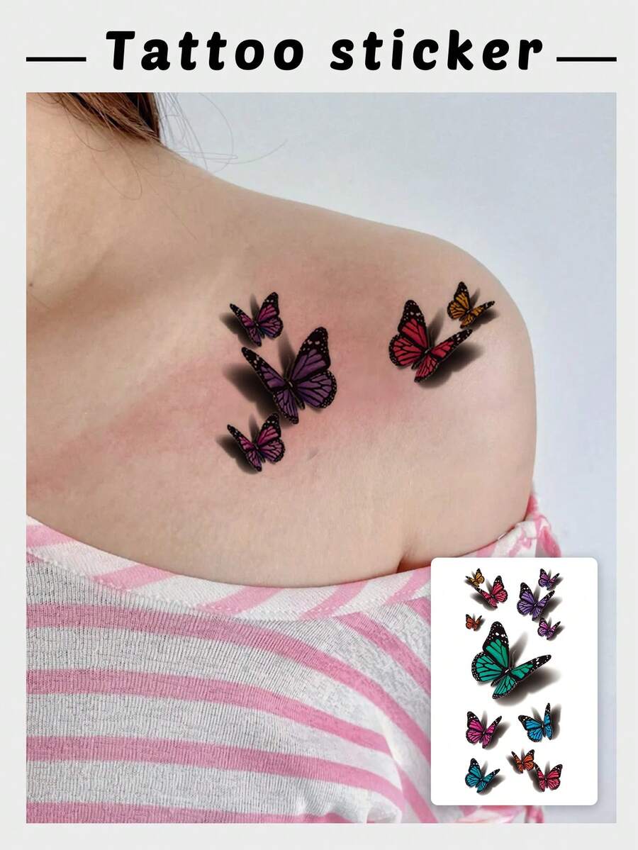 1 Sheet 3D Colorful Butterfly Temporary Tattoo Stickers, Realistic Shadow Multi‑Color Butterflies Fake Tattoos, Dreamy Girly Body Art For Girls Women, Waterproof Shoulder Collarbone Decor - Multicolor - View 1