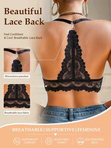 Women's Front Closure Lace Underwire Push-Up Bra, Beautiful Back Design, Breathable & Comfortable, Lift & Push-Up, Suitable For Daily Casual Wear, Comfortable & Confident - Black - View 5