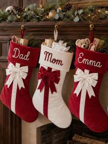 1pc Customized Name Velvet Christmas Stocking With Large Bow, Embroidered Name Christmas Hanging Stocking For Home Fireplace Decor, Family Holiday Christmas Gift - Multicolor - View 2