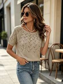 Women Solid Color Casual Minimalist Slim-Fit Crew Neck Short Sleeve Knit Sweater Spring - Apricot - View 5