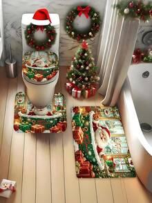 1/4pcs Merry Christmas Winter Shower Curtain Set, Cute Santa Claus, Snowman, Christmas Tree, Snowy Landscape, Snowflake Pattern, Happy New Year Holiday Bathroom Curtain Set, Polyester Fabric, With Hooks, 70.8*70.8 Inches - A - View 6
