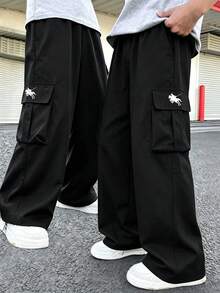 Street Style Tween Boys Cargo Wide Leg Pants, Horse Print Side Pocket Elastic Waist Loose Fit Children's Long Pants, Spring/Autumn - Black - View 1