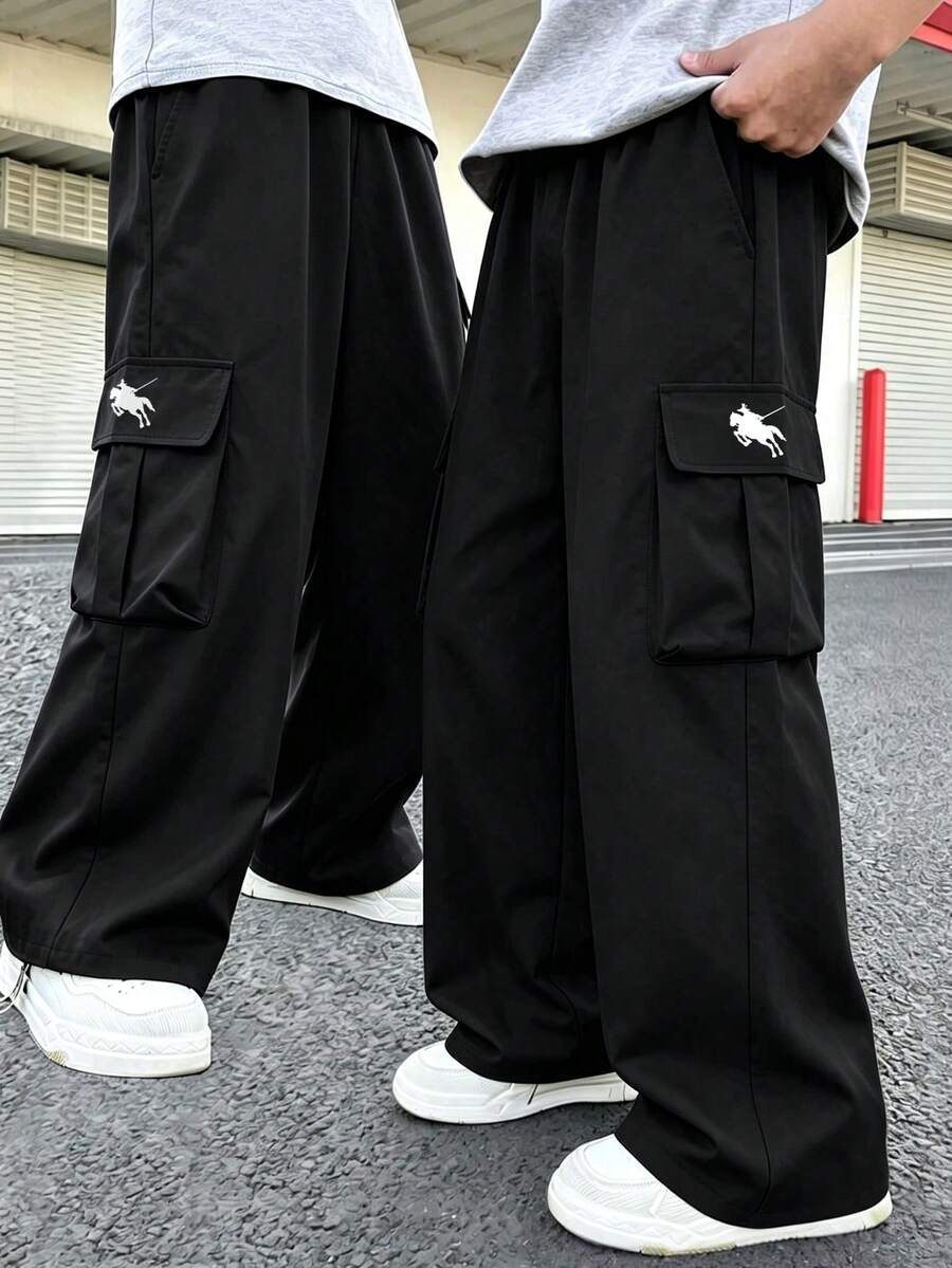Street Style Tween Boys Cargo Wide Leg Pants, Horse Print Side Pocket Elastic Waist Loose Fit Children's Long Pants, Spring/Autumn - Black - View 1