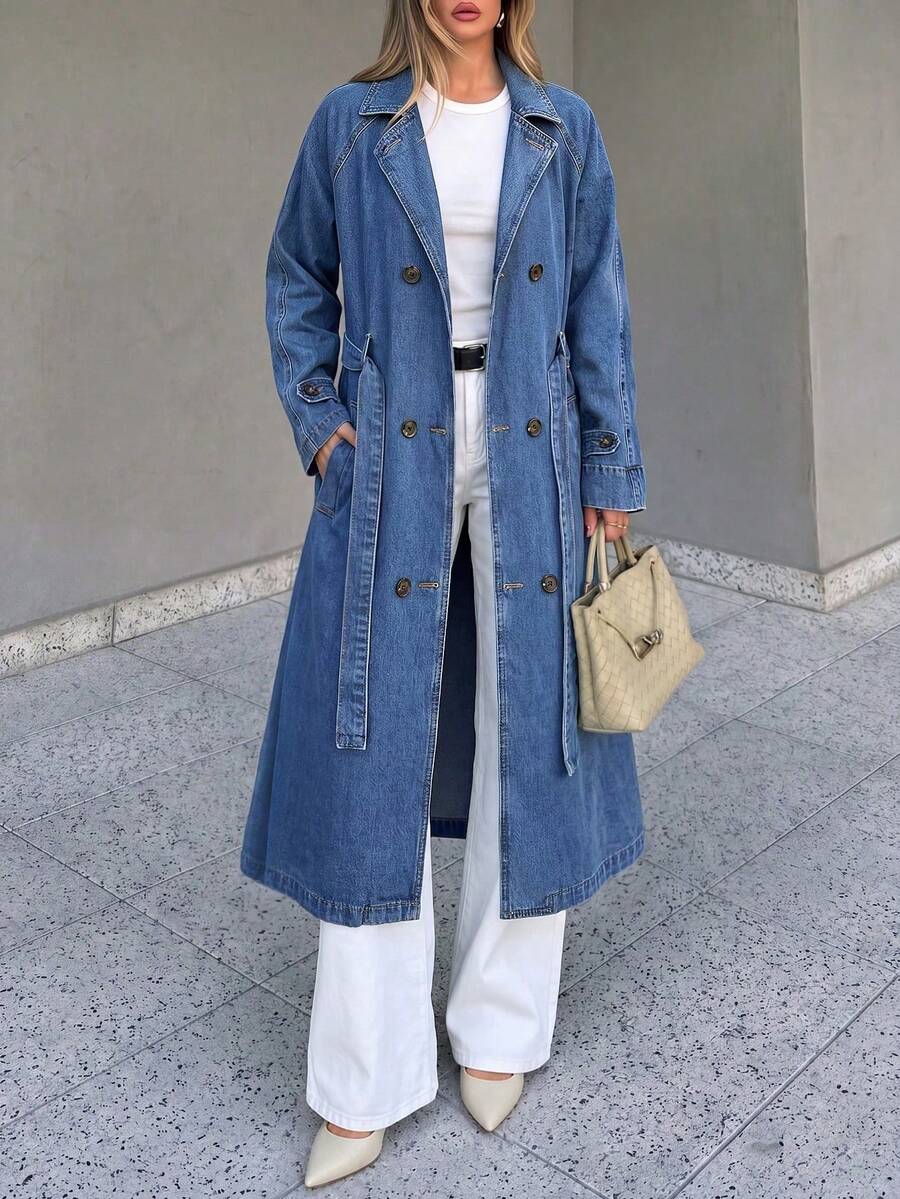 女款雙排扣長版牛仔風衣,中藍色水洗腰帶收腰復古通勤牛仔外套,秋季衣著外套 - 中等水洗藍 - 查看 1